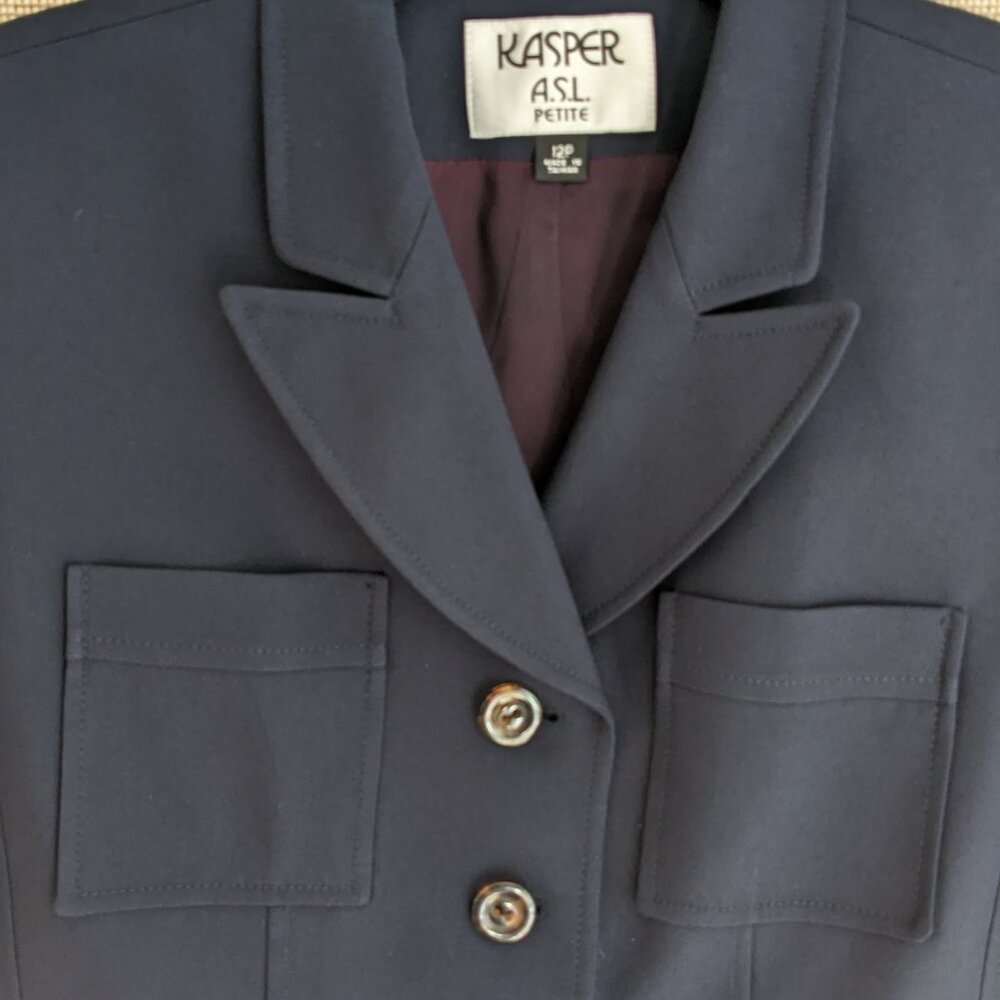 Kasper Petite, Black Wide Lapel 2 Pocket Short Sleeve Blazer Jacket, Size 12P